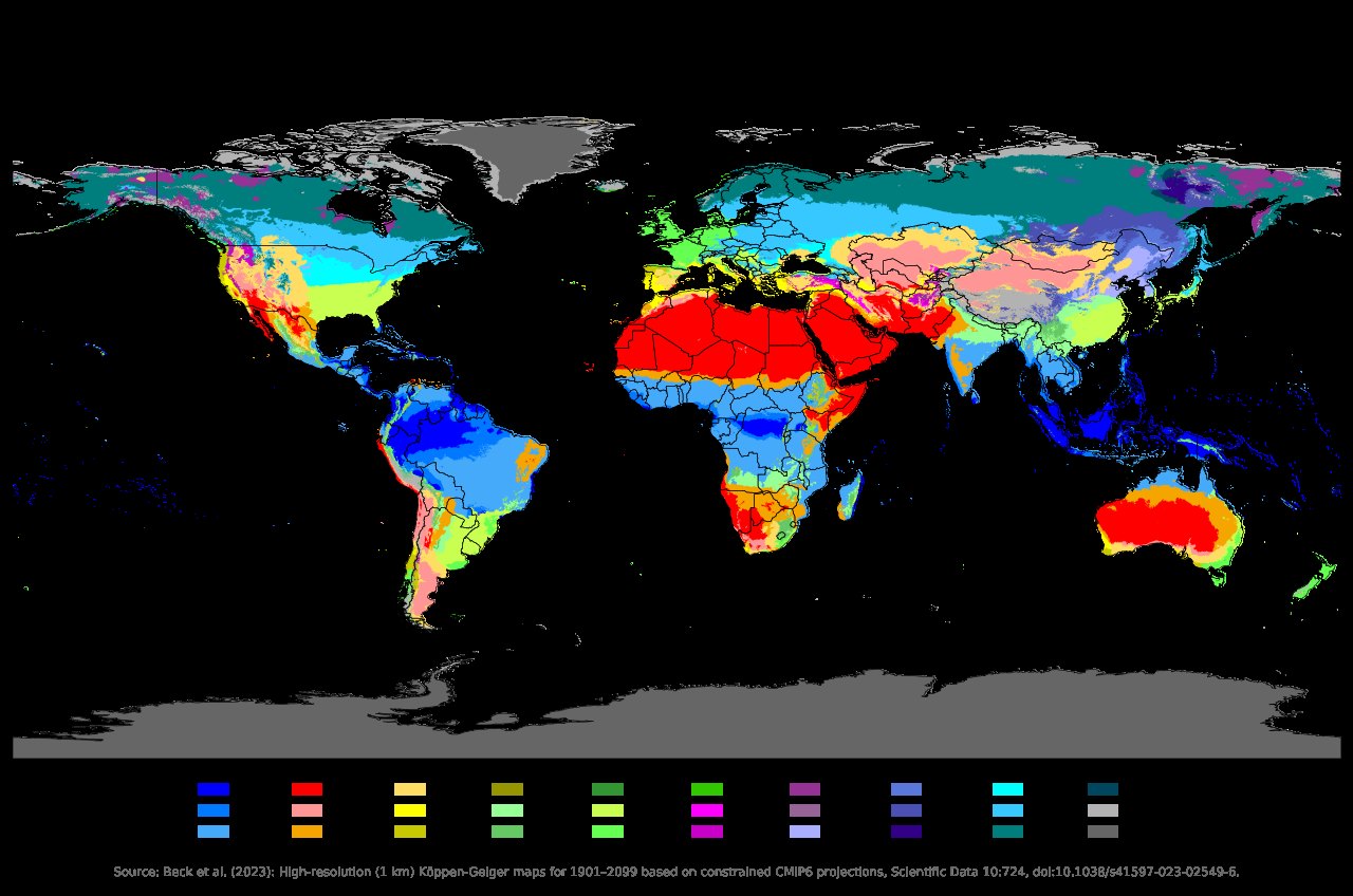 Köppen-Geiger climate classification world map for 1991 to 2020, coloring the globe into tropical, arid, temperate, continental, and polar climate types and their subtypes.