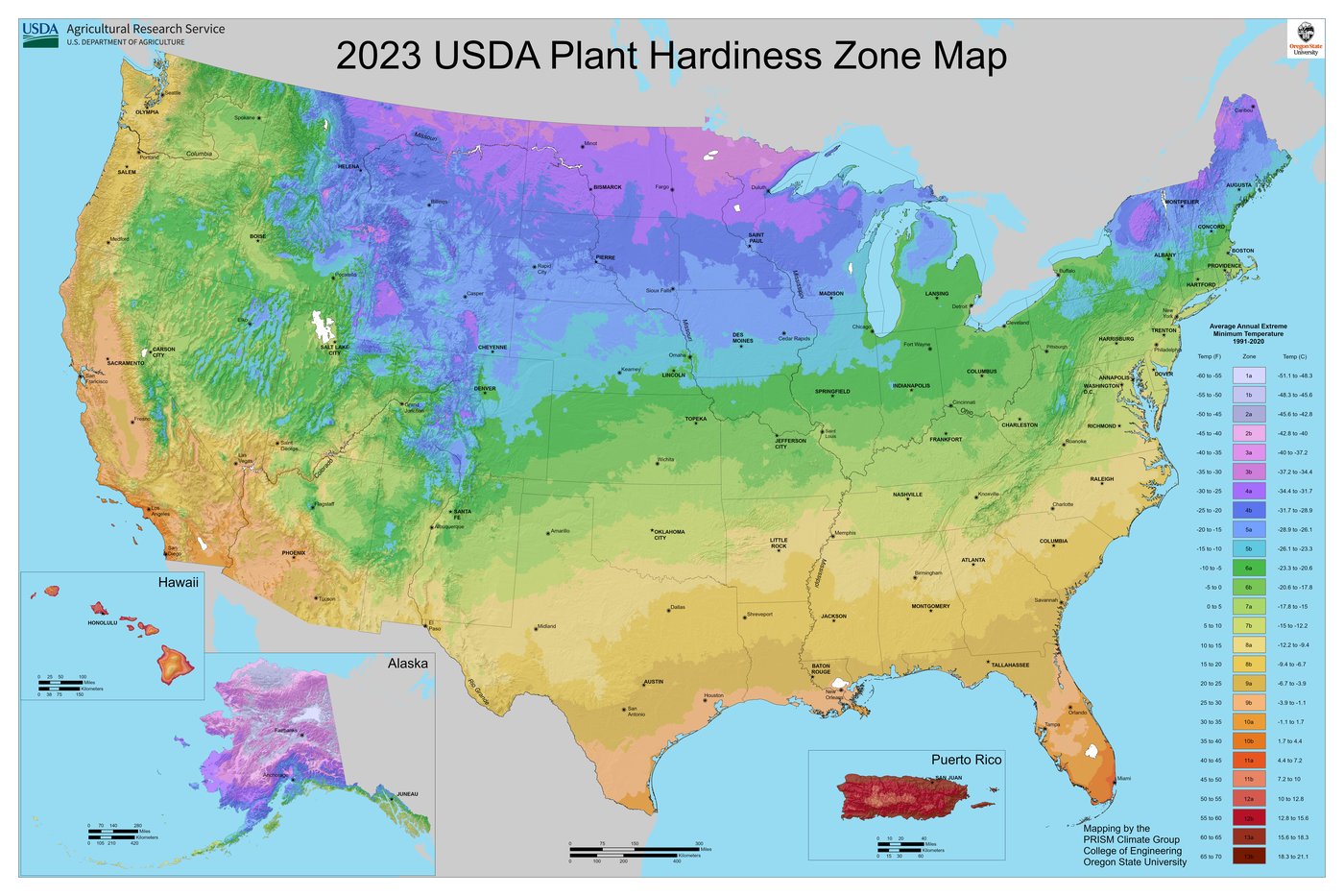 2023 USDA Plant Hardiness Zone Map of the United States, shading the country into hardiness zones 1 through 13 by average annual extreme winter low temperature.